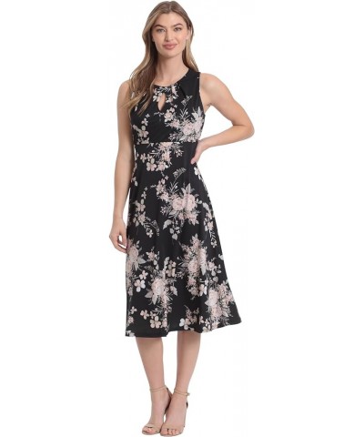 Women's Printed Sleeveless Versatile Empire A-line Keyhole Neckline Midi Dress Black/Peach Taupe $19.18 Dresses