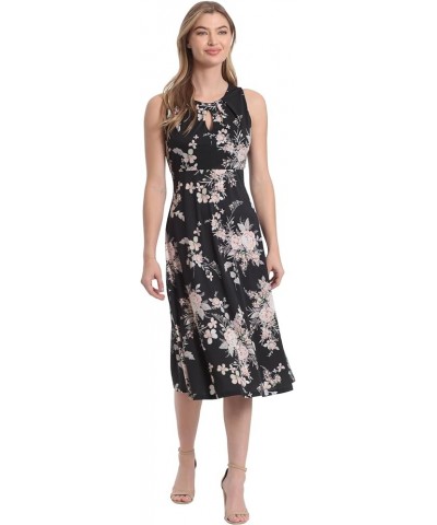 Women's Printed Sleeveless Versatile Empire A-line Keyhole Neckline Midi Dress Black/Peach Taupe $19.18 Dresses