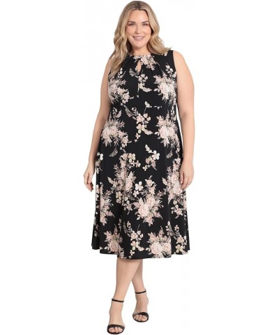 Women's Printed Sleeveless Versatile Empire A-line Keyhole Neckline Midi Dress Black/Peach Taupe $19.18 Dresses