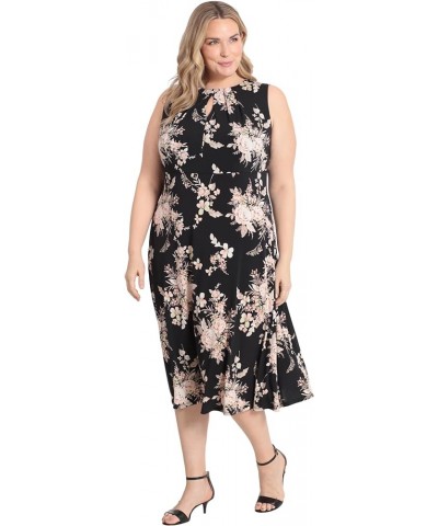 Women's Printed Sleeveless Versatile Empire A-line Keyhole Neckline Midi Dress Black/Peach Taupe $19.18 Dresses