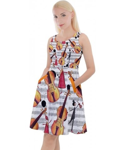 Women's Knee Length Dress with Pockets Fashion Musical Pattern Notes and Piano Keyboard Skater Dress, XS-5XL White Gray $17.3...