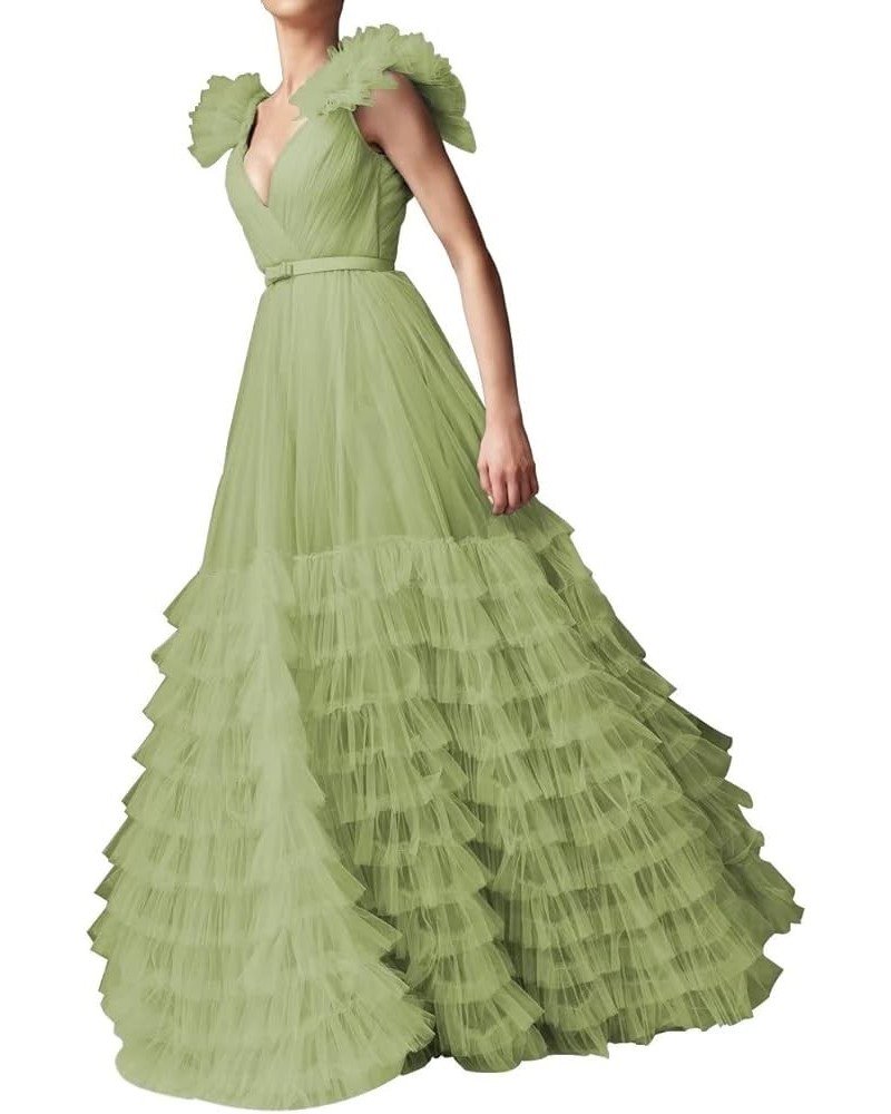 V Neck Tulle Prom Dress for Women Wide Straps Long Formal Evening Party Gowns with Ruffles A-Line Bridesmaid Dresses Sage $42...