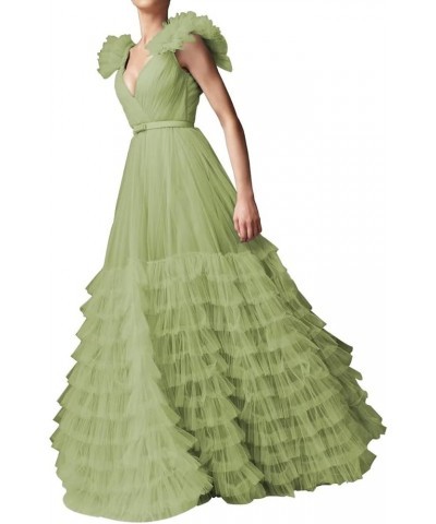 V Neck Tulle Prom Dress for Women Wide Straps Long Formal Evening Party Gowns with Ruffles A-Line Bridesmaid Dresses Sage $42...