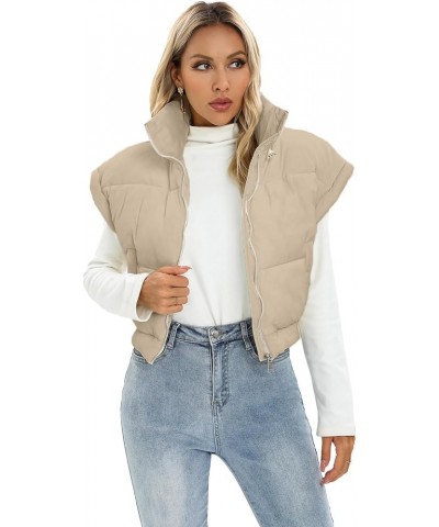 Women's Winter Cropped Vest Casual Cap Sleeve Stand Collar Lightweight Puffer Gilet Outwear with Pockets Khaki $10.43 Vests