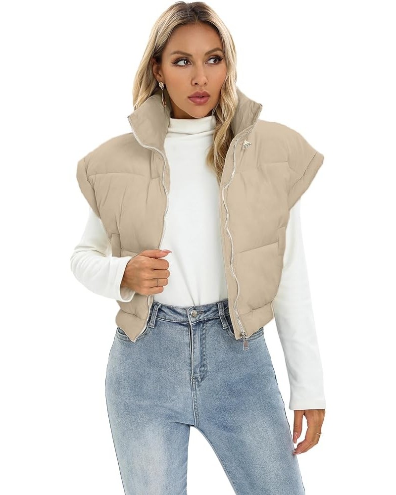 Women's Winter Cropped Vest Casual Cap Sleeve Stand Collar Lightweight Puffer Gilet Outwear with Pockets Khaki $10.43 Vests