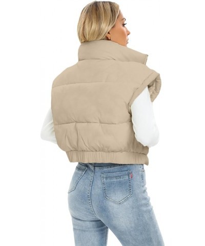 Women's Winter Cropped Vest Casual Cap Sleeve Stand Collar Lightweight Puffer Gilet Outwear with Pockets Khaki $10.43 Vests