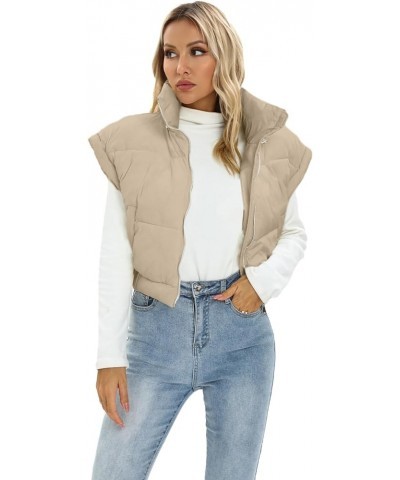 Women's Winter Cropped Vest Casual Cap Sleeve Stand Collar Lightweight Puffer Gilet Outwear with Pockets Khaki $10.43 Vests