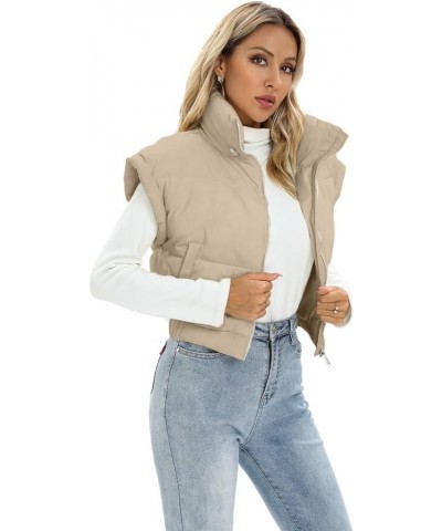 Women's Winter Cropped Vest Casual Cap Sleeve Stand Collar Lightweight Puffer Gilet Outwear with Pockets Khaki $10.43 Vests