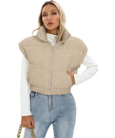 Women's Winter Cropped Vest Casual Cap Sleeve Stand Collar Lightweight Puffer Gilet Outwear with Pockets Khaki $10.43 Vests