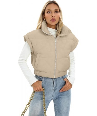 Women's Winter Cropped Vest Casual Cap Sleeve Stand Collar Lightweight Puffer Gilet Outwear with Pockets Khaki $10.43 Vests