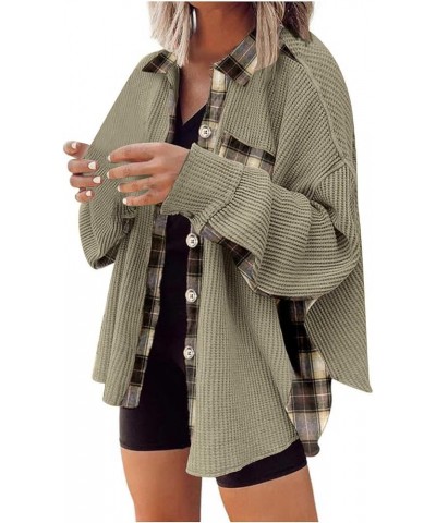 Women’s Waffle Knit Flannel Plaid Shacket Jacket Workout Casual Button Cardigan Jacket 2023 Fall Coat Tops 03 Green $14.00 Ja...