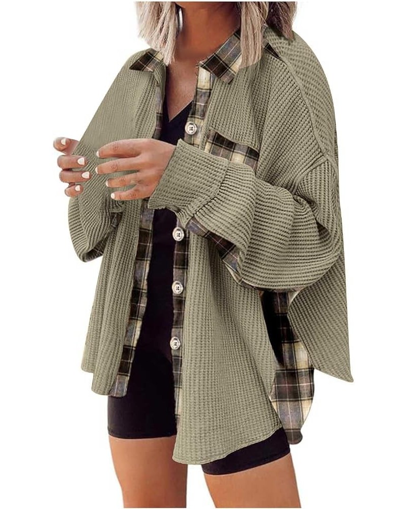 Women’s Waffle Knit Flannel Plaid Shacket Jacket Workout Casual Button Cardigan Jacket 2023 Fall Coat Tops 03 Green $14.00 Ja...