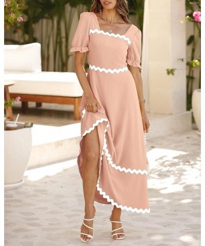 Women's 2024 Summer Square Neck Short Puff Sleeve Dress Casual RIC Rac Tie Back Smocked A Line Flowy Maxi Dresses Solid Light...