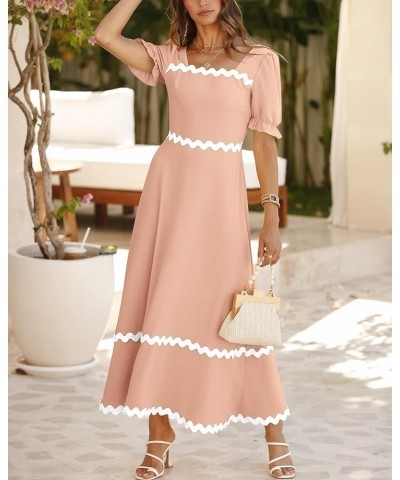 Women's 2024 Summer Square Neck Short Puff Sleeve Dress Casual RIC Rac Tie Back Smocked A Line Flowy Maxi Dresses Solid Light...