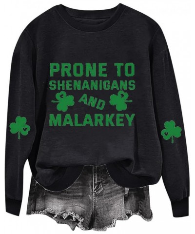 Women St Patricks Day Shirt Fashion Cute Shamrock Graphic Print Casual Festival Sweatshirts H08 Black $8.11 Activewear