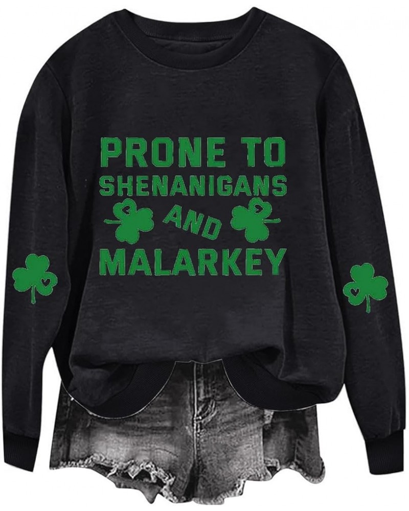 Women St Patricks Day Shirt Fashion Cute Shamrock Graphic Print Casual Festival Sweatshirts H08 Black $8.11 Activewear