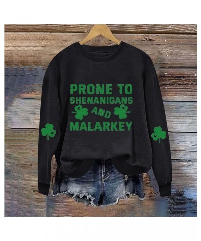 Women St Patricks Day Shirt Fashion Cute Shamrock Graphic Print Casual Festival Sweatshirts H08 Black $8.11 Activewear