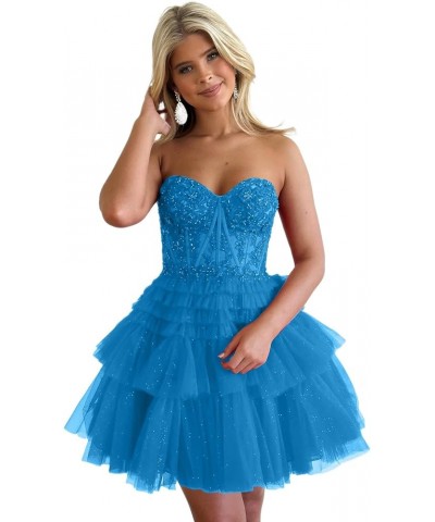 Strapless Corset Homecoming Dress for Teens 2023 Short Tiered Ruffles Prom Dress Glitter Tullle Cocktail Gown Blue $43.20 Dre...