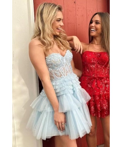 Strapless Corset Homecoming Dress for Teens 2023 Short Tiered Ruffles Prom Dress Glitter Tullle Cocktail Gown Blue $43.20 Dre...