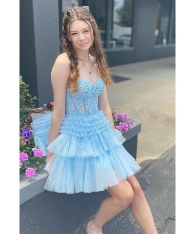 Strapless Corset Homecoming Dress for Teens 2023 Short Tiered Ruffles Prom Dress Glitter Tullle Cocktail Gown Blue $43.20 Dre...