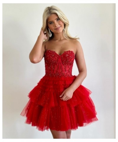 Strapless Corset Homecoming Dress for Teens 2023 Short Tiered Ruffles Prom Dress Glitter Tullle Cocktail Gown Blue $43.20 Dre...