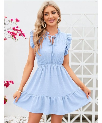 Women's V Neck Sleeveless Swiss Dot Tie Neck Ruffle Elastic Waist Swing Boho Sexy A-line Casual Short Dresses Blue $11.60 Dre...