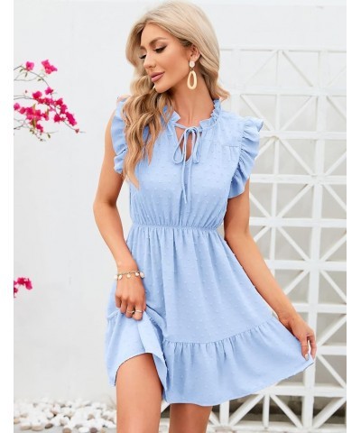 Women's V Neck Sleeveless Swiss Dot Tie Neck Ruffle Elastic Waist Swing Boho Sexy A-line Casual Short Dresses Blue $11.60 Dre...