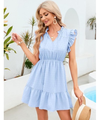 Women's V Neck Sleeveless Swiss Dot Tie Neck Ruffle Elastic Waist Swing Boho Sexy A-line Casual Short Dresses Blue $11.60 Dre...