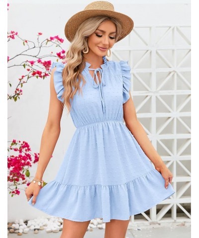 Women's V Neck Sleeveless Swiss Dot Tie Neck Ruffle Elastic Waist Swing Boho Sexy A-line Casual Short Dresses Blue $11.60 Dre...