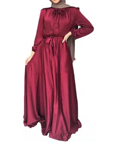 Women's Self Tie Waist Maxi Dress Glossy Satin Long Sleeve Muslim Abaya Dress Islamic Kaftan 812 Wine Red $19.84 Swimsuits