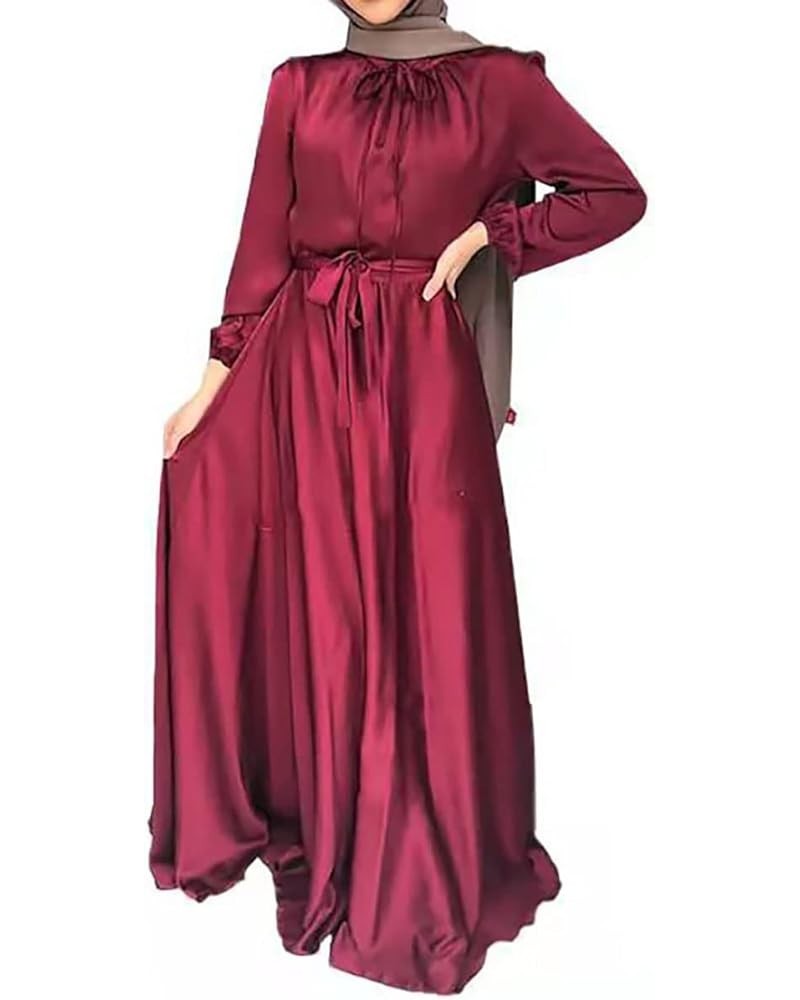 Women's Self Tie Waist Maxi Dress Glossy Satin Long Sleeve Muslim Abaya Dress Islamic Kaftan 812 Wine Red $19.84 Swimsuits