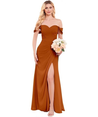 Women's Off The Shoulder Chiffon Bridesmaid Dress with Slit Long Ruched Mermaid Formal Dresses for Wedding Burnt Orange $28.6...