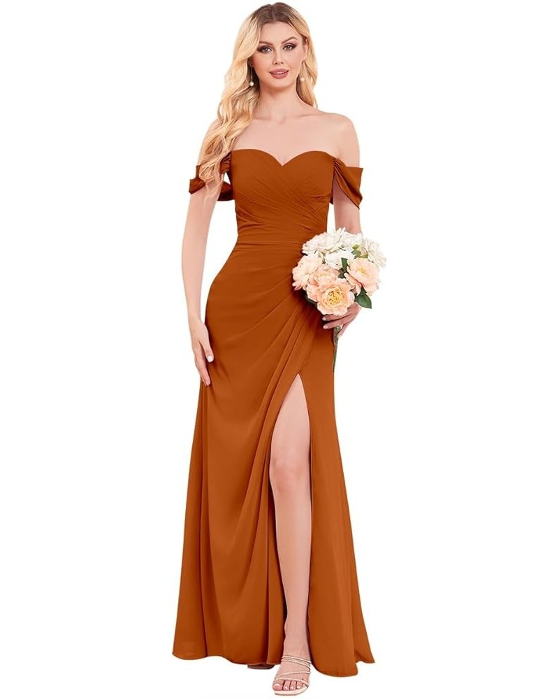 Women's Off The Shoulder Chiffon Bridesmaid Dress with Slit Long Ruched Mermaid Formal Dresses for Wedding Burnt Orange $28.6...