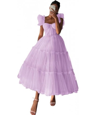 Women's Ruffle Sleeve Tiered Prom Dress Tulle Short Tea-Length Formal Evening Party Gowns B-purple $38.24 Dresses