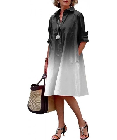 Womens Linen Long Sleeve Simple Printed Button Down Shirt Dress Plus Size Loose Shirt Dresses for Women with 2 Pockets N-blac...