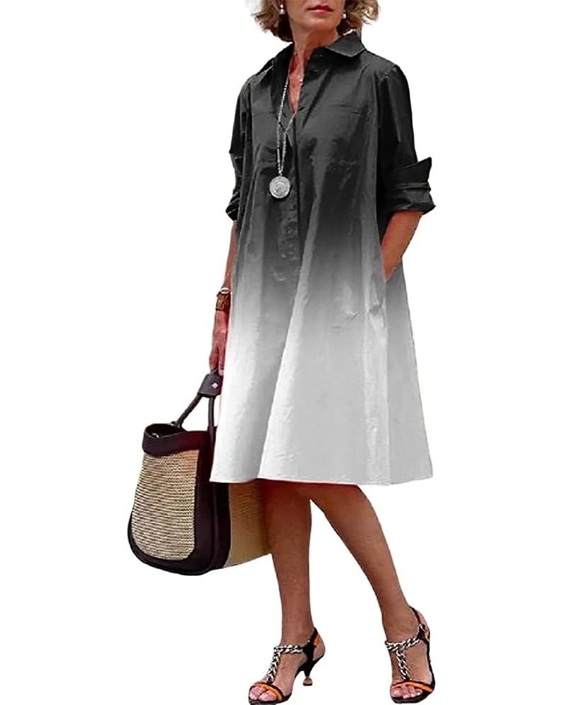 Womens Linen Long Sleeve Simple Printed Button Down Shirt Dress Plus Size Loose Shirt Dresses for Women with 2 Pockets N-blac...