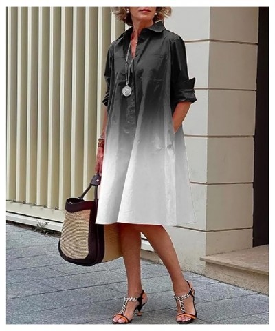 Womens Linen Long Sleeve Simple Printed Button Down Shirt Dress Plus Size Loose Shirt Dresses for Women with 2 Pockets N-blac...